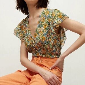 Veronica Beard Polly Yellow Silk Floral Ruffle Sleeve Top Blouse 4 Spring